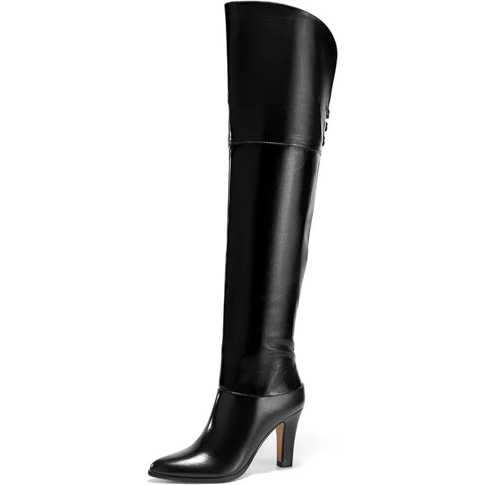 🆕Womens Black Synthetic Thigh High Pointed Toe Chunky Heel Over the Knee Boots